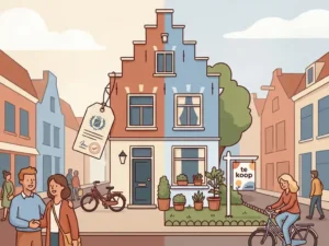 Nederlandse woning met gemeentelijke WOZ-aanslag en te-koopbord in een verzorgde voortuin, warme terracotta en blauwe tinten.