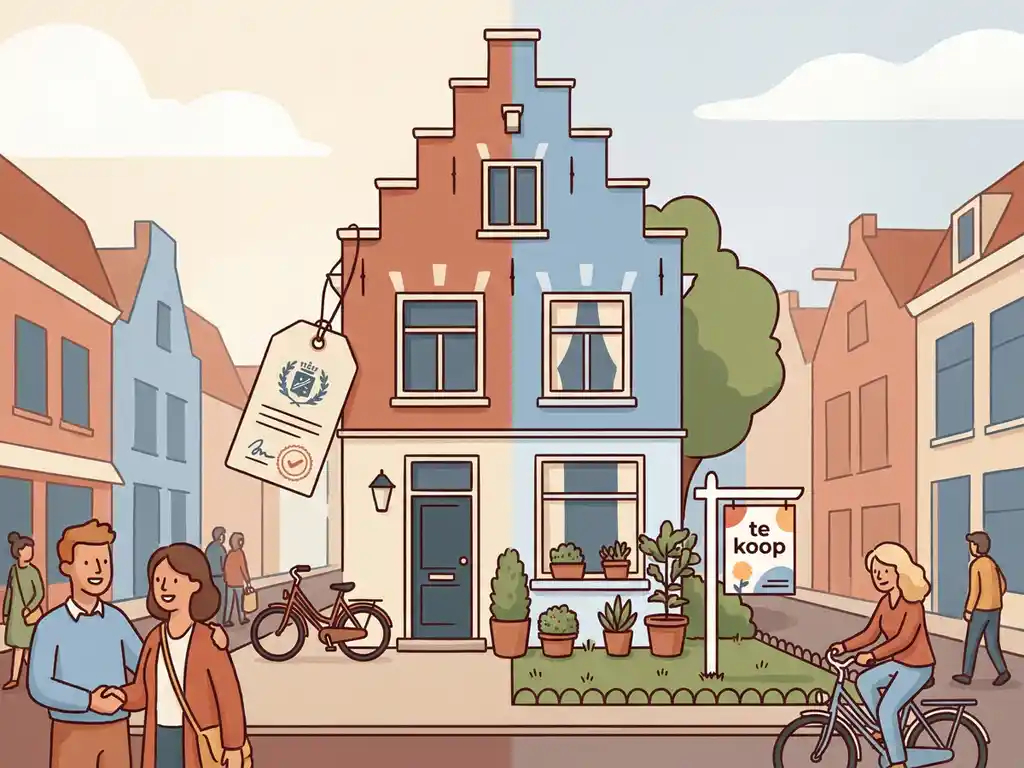 Nederlandse woning met gemeentelijke WOZ-aanslag en te-koopbord in een verzorgde voortuin, warme terracotta en blauwe tinten.