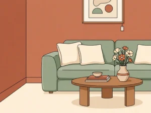 Gezellige woonkamerhoek met pluche bank, bloemen in keramieken vaas en kunstwerk met prijskaartje aan de muur.