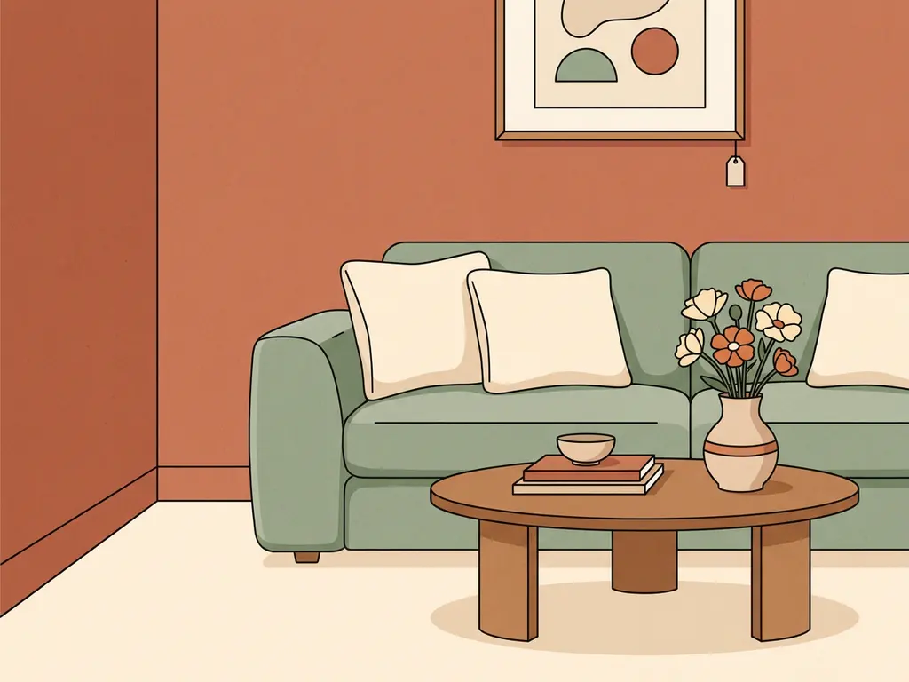 Gezellige woonkamerhoek met pluche bank, bloemen in keramieken vaas en kunstwerk met prijskaartje aan de muur.