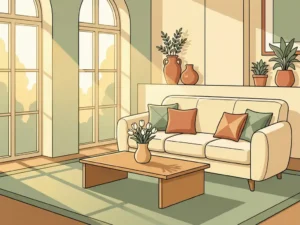 Gestileerde woonkamer met witte tulpen op een eikenhouten salontafel, saliegroen en crème interieur met terracotta accenten.