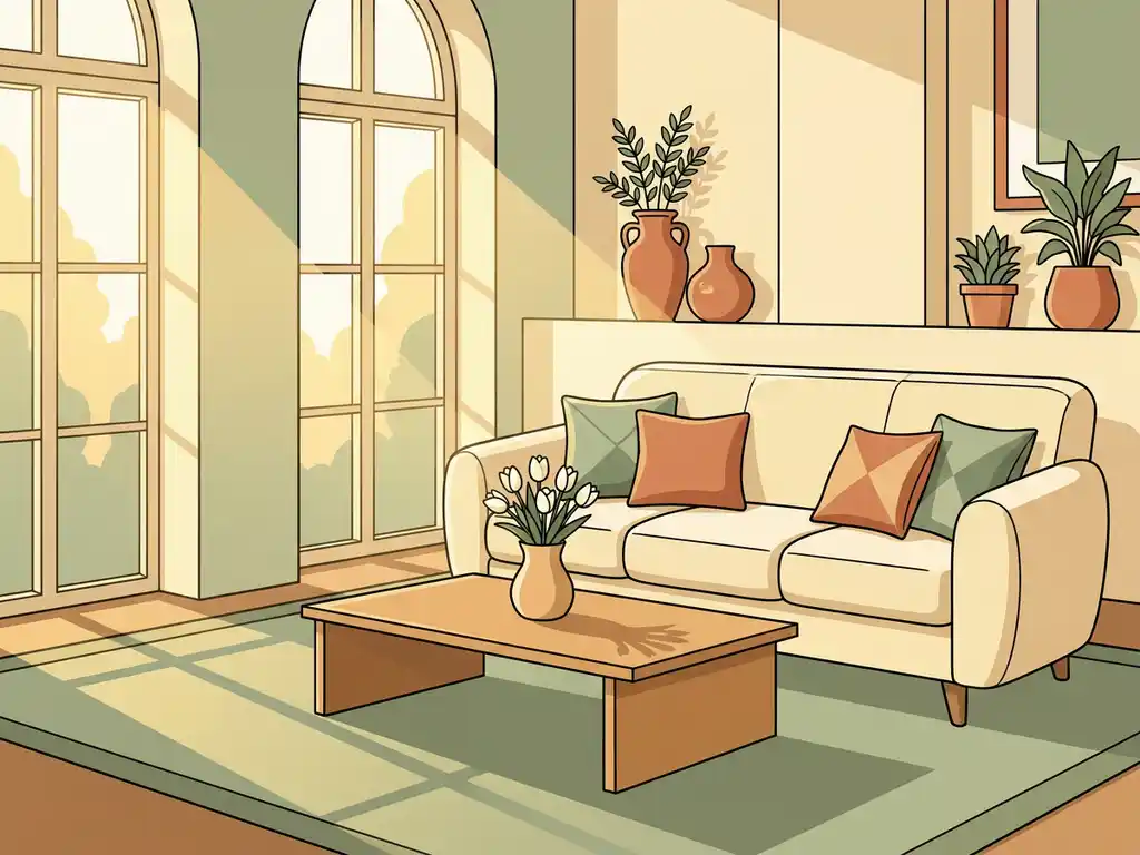 Gestileerde woonkamer met witte tulpen op een eikenhouten salontafel, saliegroen en crème interieur met terracotta accenten.