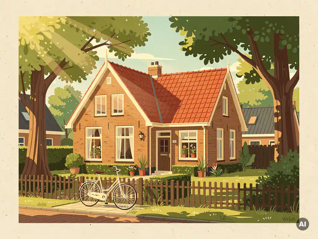 Bakstenen Nederlandse gezinswoning met rood pannendak in Vleuten-De Meern, fiets tegen tuinhek, eiken bomen in middagzon.