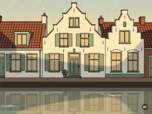 Rij Hollandse grachtenpanden met trapgevels langs een IJsselsteinse gracht, terracotta daken en crèmewitte gevels weerspiegeld in het water.
