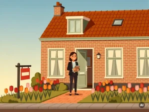 Makelaar met klembord bij Vleutense rijtjeswoning te koop, tulpen langs bakstenen pad, terracotta daken in middagzon.