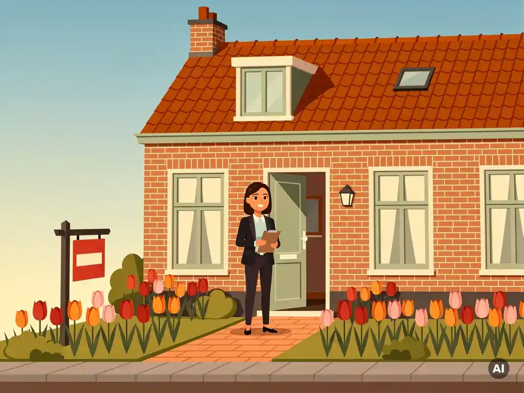 Makelaar met klembord bij Vleutense rijtjeswoning te koop, tulpen langs bakstenen pad, terracotta daken in middagzon.