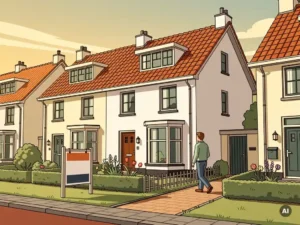 Rijtjeswoning in De Meern met Te Koop-bord in voortuin, terracotta daken en cremewitte gevels in vectorillustratiestijl.