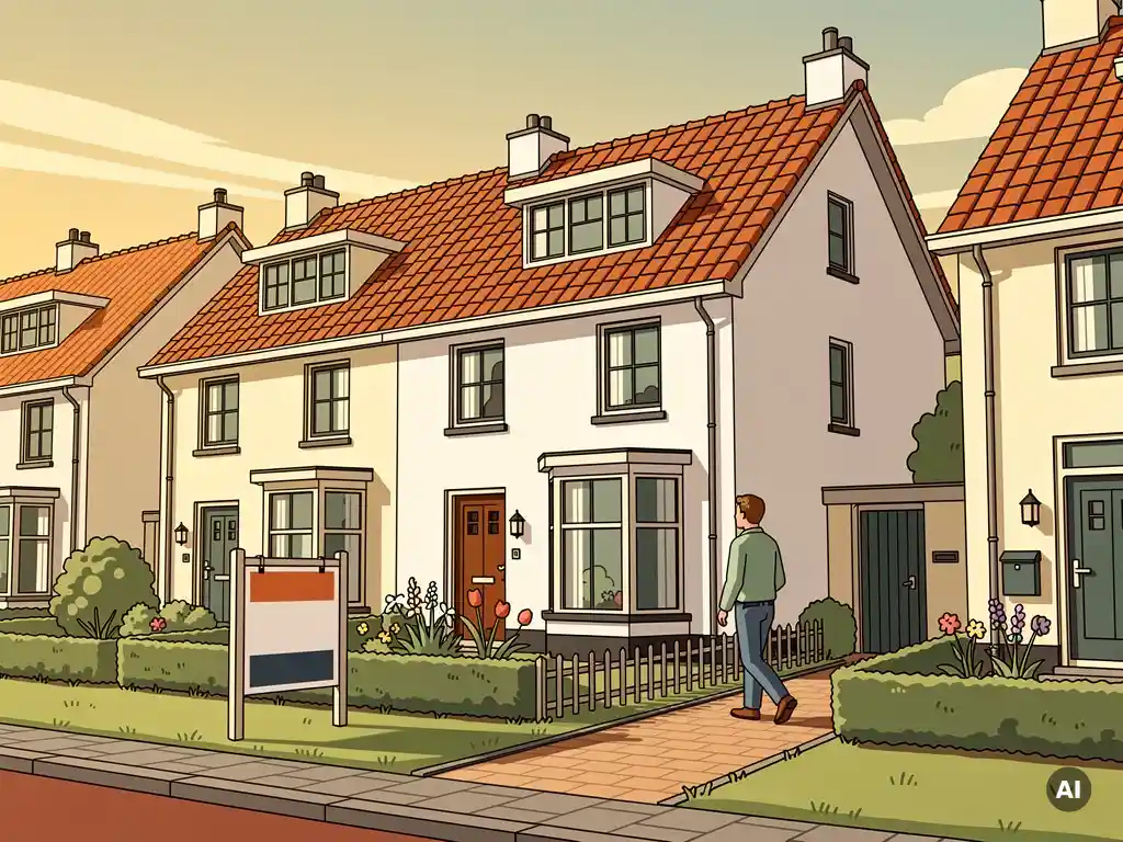 Rijtjeswoning in De Meern met Te Koop-bord in voortuin, terracotta daken en cremewitte gevels in vectorillustratiestijl.