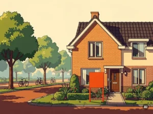 Rood-oranje Te Koop-bord in voortuin van gezinswoning aan rustige fietsstraat in Houten, vlakke vectorillustratie.