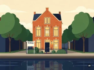Nederlandstalige alt-tekst:

Te koop staand Hollands rijtjeshuis langs een gracht in Maarssen, met warme raamverlichting en een verkoopbord in de voortuin.