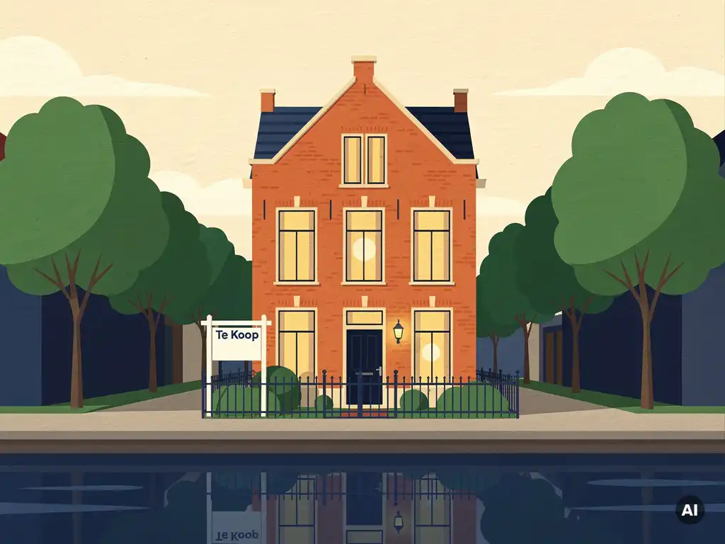 Nederlandstalige alt-tekst:

Te koop staand Hollands rijtjeshuis langs een gracht in Maarssen, met warme raamverlichting en een verkoopbord in de voortuin.