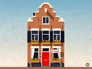 Hollandse grachtenpand in Utrecht met trapgevel, rode voordeur en te koop-bord, tulpen in vensterbanken, vectorillustratie.
