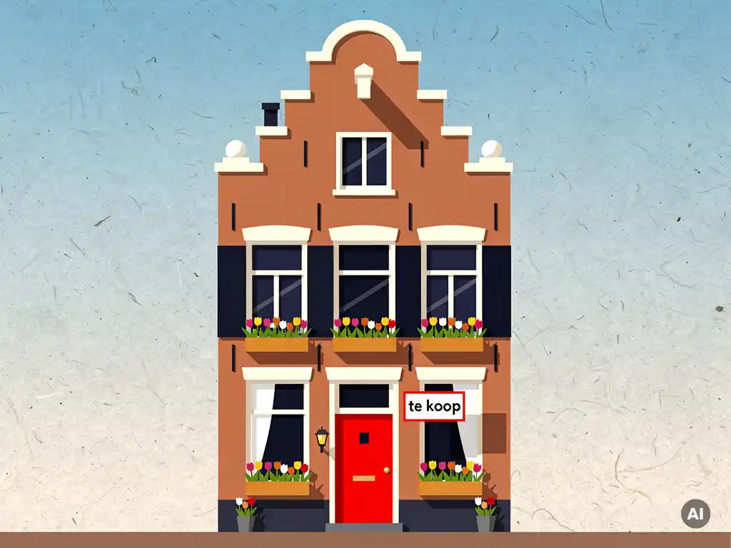 Hollandse grachtenpand in Utrecht met trapgevel, rode voordeur en te koop-bord, tulpen in vensterbanken, vectorillustratie.