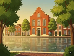 Klassieke bakstenen grachtenwoning in Maarssen met te koop-bord, omgeven door groene bomen langs een rustig kanaal in gouden middaglicht.