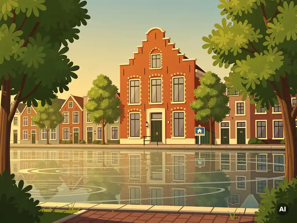 Klassieke bakstenen grachtenwoning in Maarssen met te koop-bord, omgeven door groene bomen langs een rustig kanaal in gouden middaglicht.