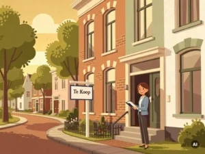 Makelaar met klembord bij voordeur van Nederlandse rijtjeswoning met Te Koop-bord in tuin, bomenrij in Houten op achtergrond.