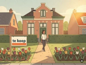 Makelaar loopt naar voordeur van bakstenen rijtjeshuis in IJsselstein met te koop-bord en tulpen in voortuin.