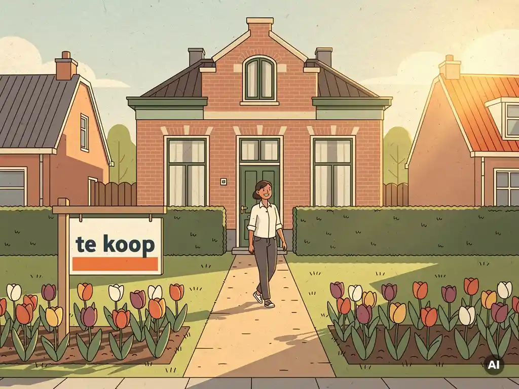 Makelaar loopt naar voordeur van bakstenen rijtjeshuis in IJsselstein met te koop-bord en tulpen in voortuin.