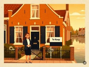 Makelaar bij tuinhek van te koop staande bakstenen rijtjeswoning in Vianen met gracht op de achtergrond.