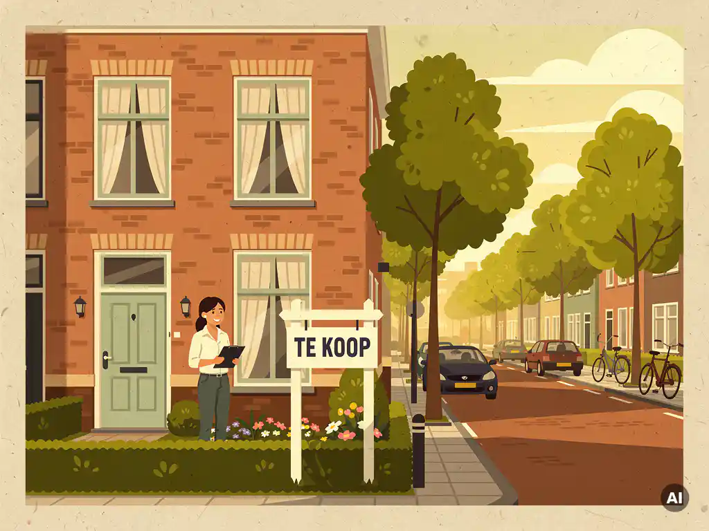 Makelaar met klembord bij een Nederlandse rijtjeswoning met Te Koop-bord in Nieuwegein, omgeven door bomen in middaglicht.