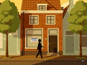 Utrechtse grachtenpand met Te Koop-bord, makelaar die naar de ingang loopt, terracotta daken en groene bomen in gouden middaglicht.