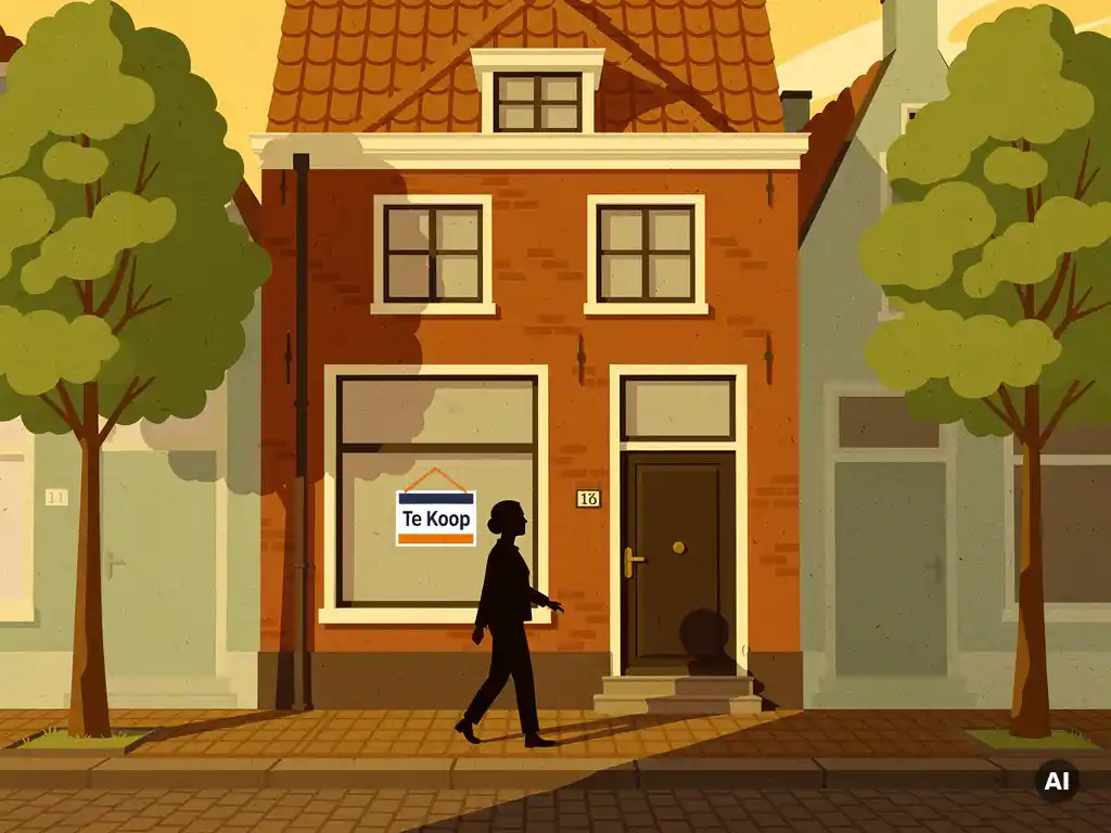 Utrechtse grachtenpand met Te Koop-bord, makelaar die naar de ingang loopt, terracotta daken en groene bomen in gouden middaglicht.