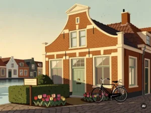 Nederlandstalige alt-tekst:

Hollandse grachtenwoning in Vianen te koop, met tulpen, fiets en bakstenen gevel in warm middaglicht.